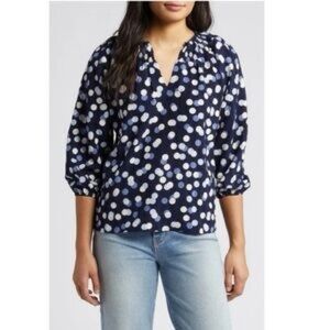 Bobeau Navy Blue White Polka Dot Smocked 3/4 Sleeve Blouse -  SZ M